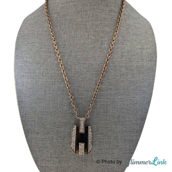 Ann Taylor Bronze Tone Geometric Pave Rhinestone Crystal Pendant Necklace - Picture 3 of 10